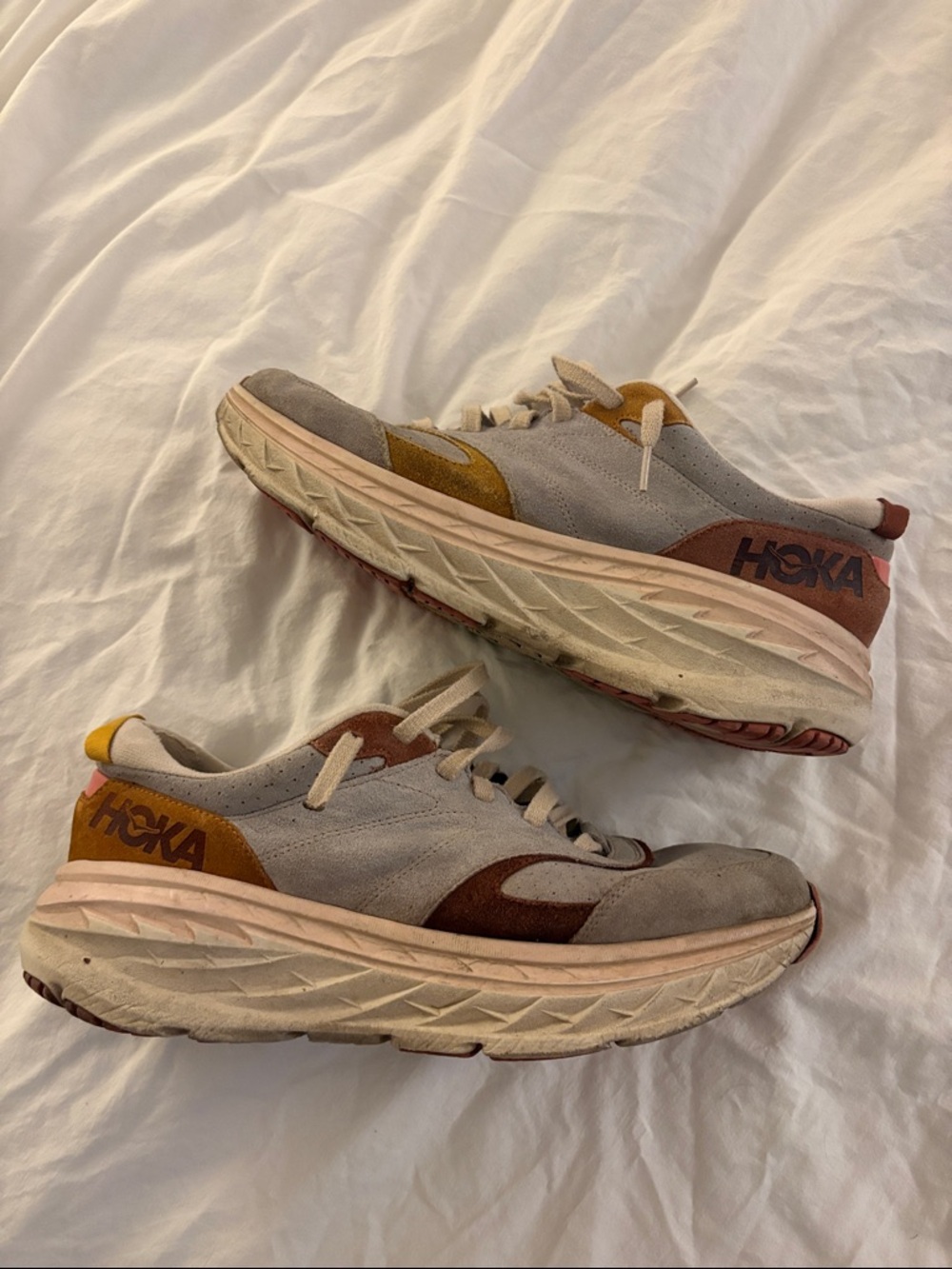 Hoka Grey with Brown & Mustard Suede Running Shoes - used